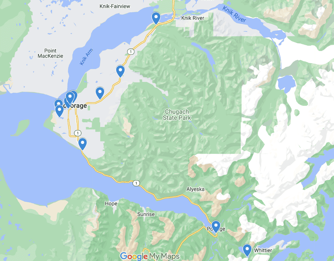 Map of 12 fun things to do in Anchorage Alaska
