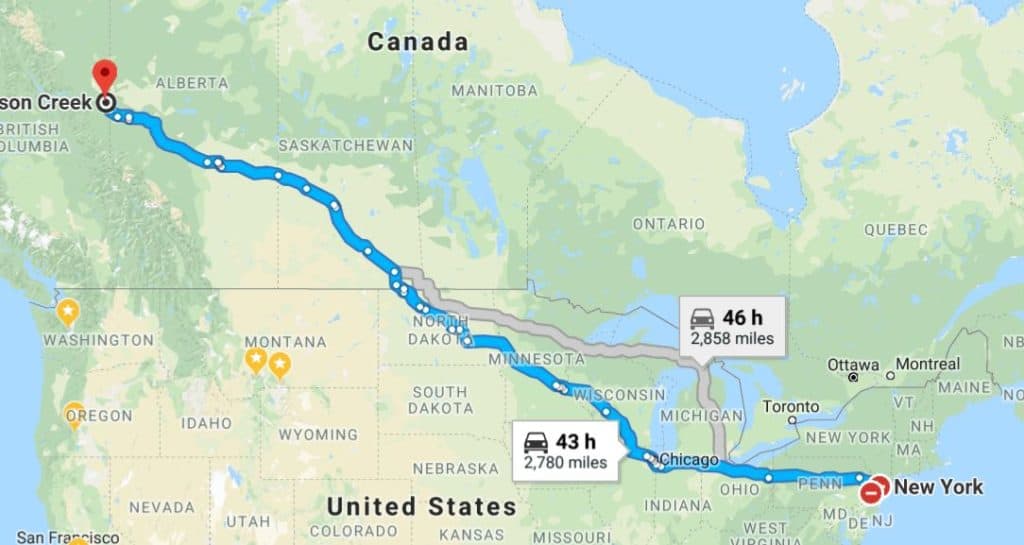 A detailed road route from New York City to Dawson creek, Alaska