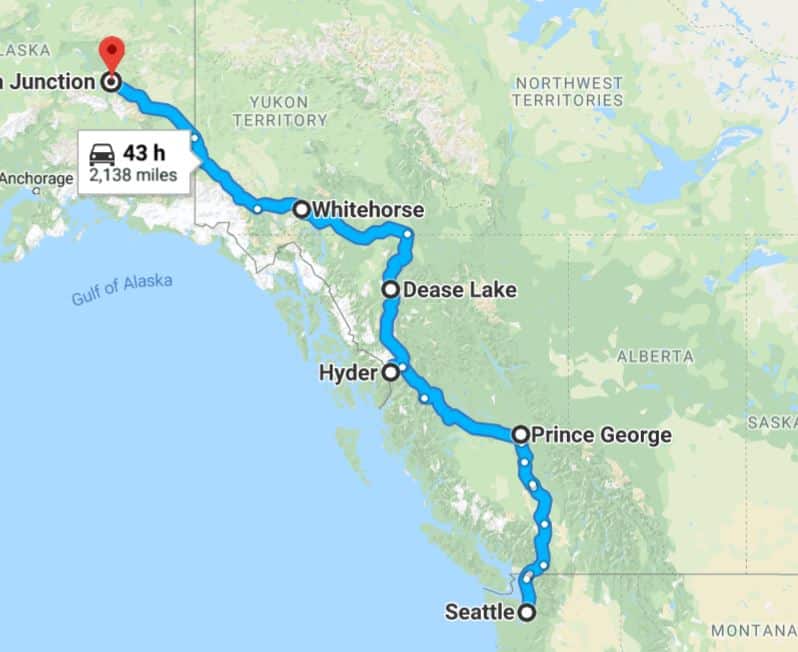 A detailed road route from Seattle to Yukon, Alaska via Stewart-Cassiar highway