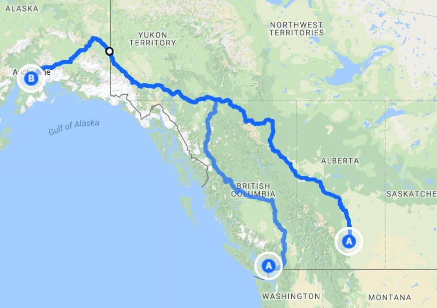 A detailed highlight of the road from Anchorage, Alaska to Washington DC