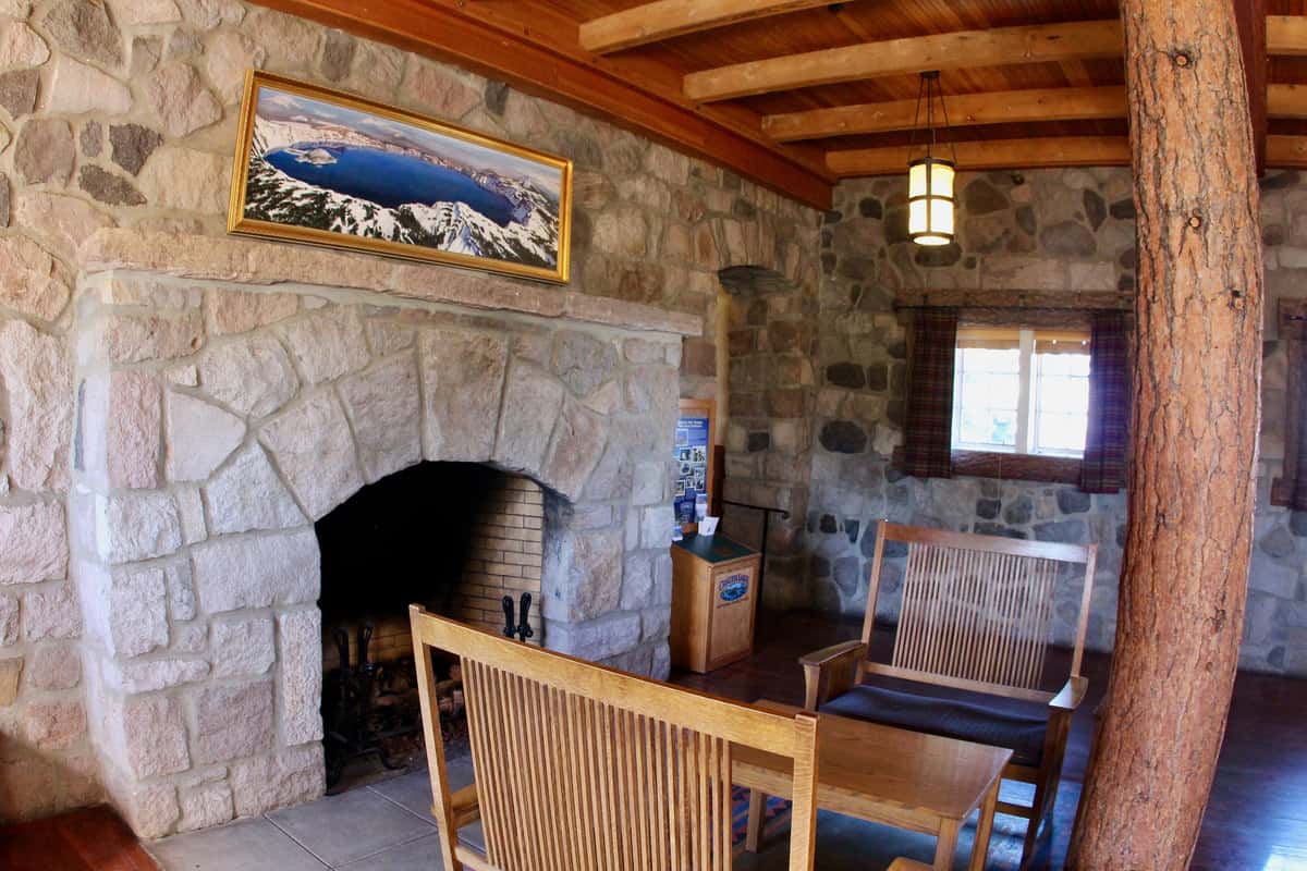 The fireplace at Crater Lake Lodge