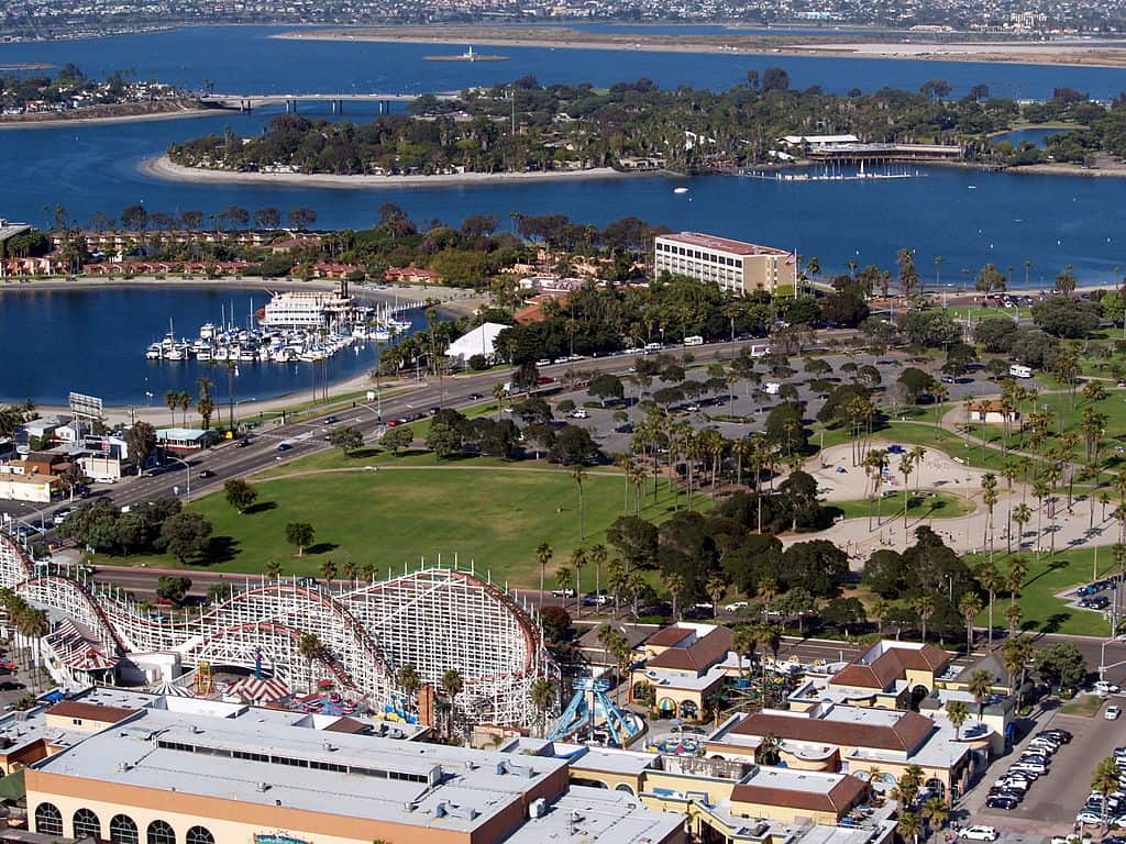 Visible are the Giant Dipper Roller Coaster, Bonita Cove, Bahia Point, Vacation Island and Fiesta Island