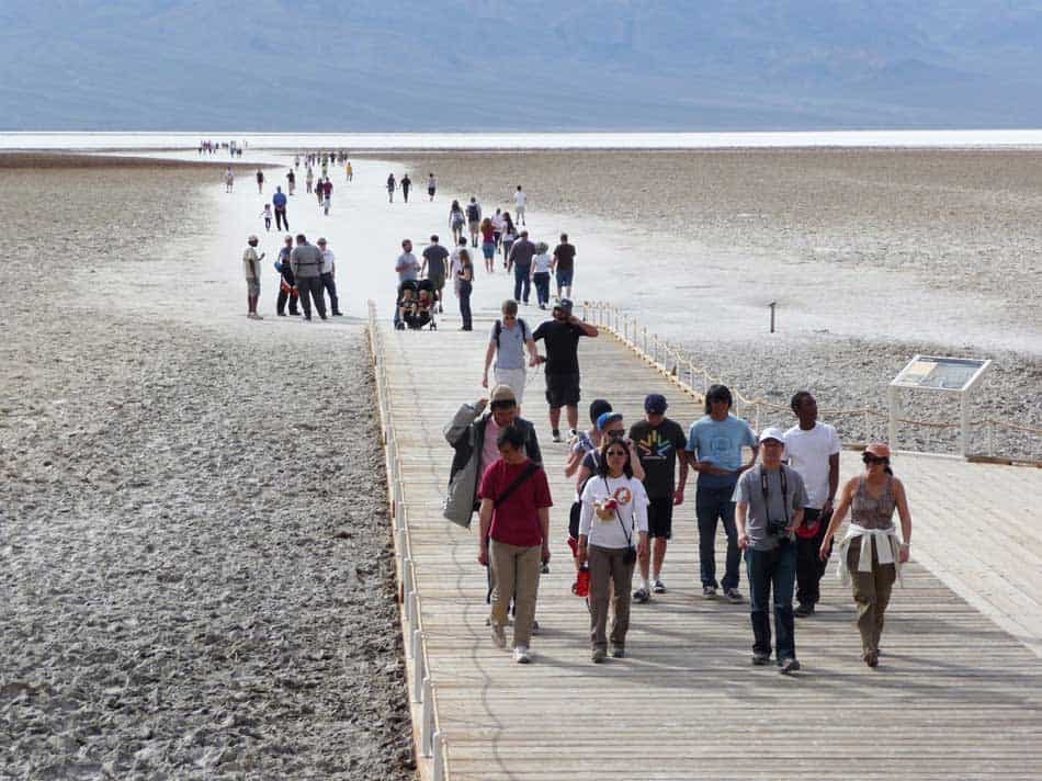 Visitors on the boardwalk at Badwater Basin.