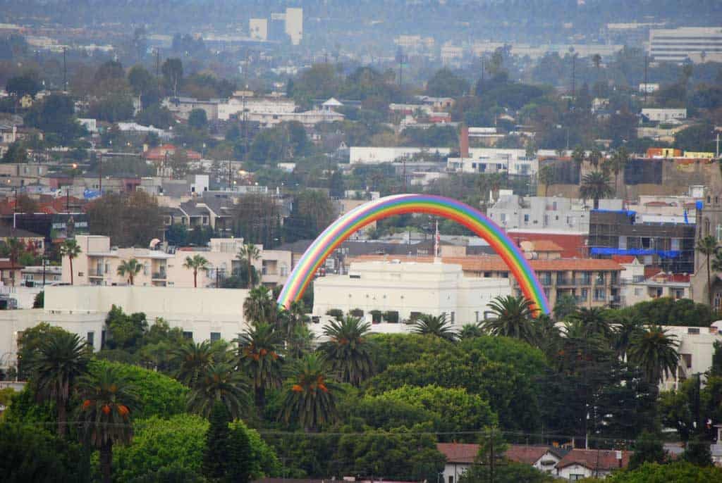 Early morning view from Culver City Park, facing West. Sony Pictures Entertainment, 94 foot tall rainbow. (Unveiled October 1st, 2012.)
