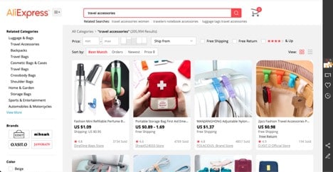 AliExpress website product page for Travel Accessories
