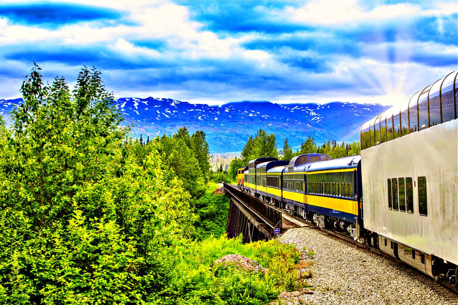 Train going on a railroad track to Denali National Park Alaska