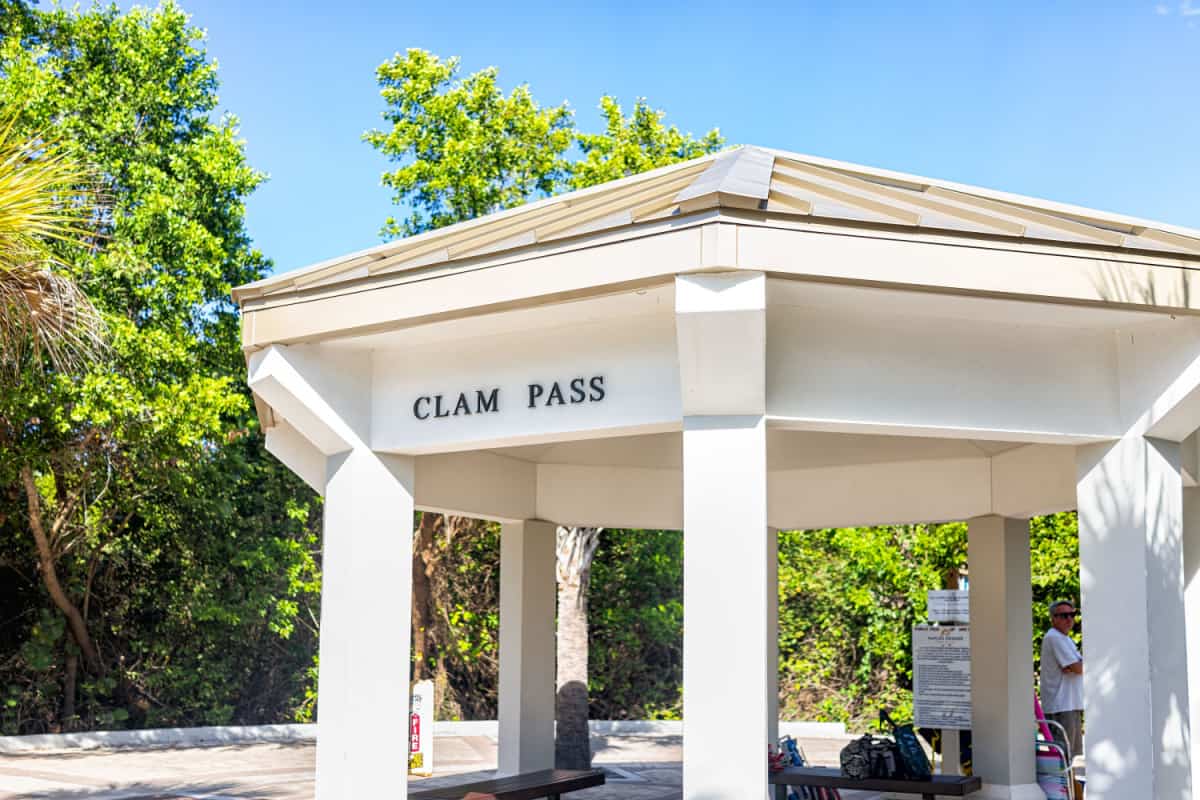 Clam pass park beach sign on gazebo in Collier county