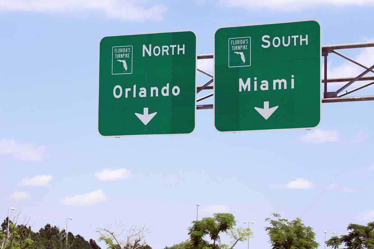 Road sign of Miami and Orlando Florida
