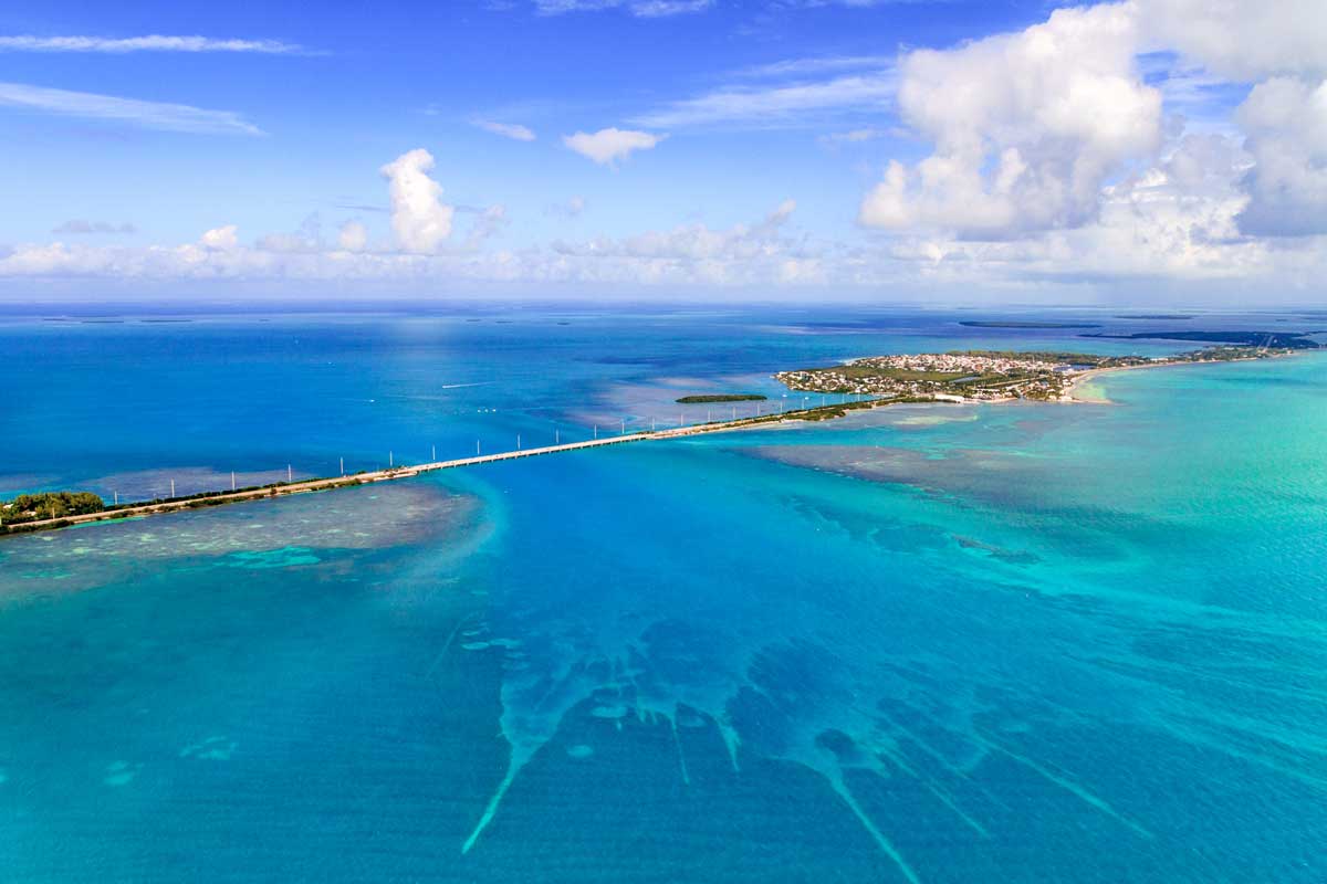 Aerial photograph of Florida Key islands and blue ocean waters