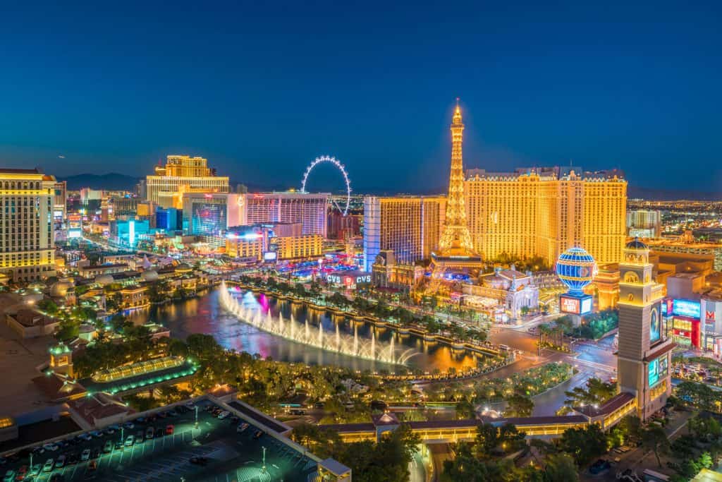 The scenic view of the Las Vegas Nevada strip photographed at dawn