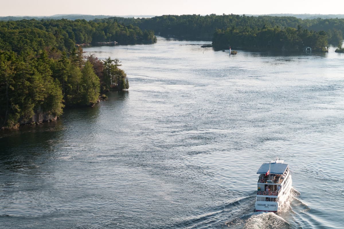 A bout tour at Gananoque boat lines Thousan Island photographed on an aerial view