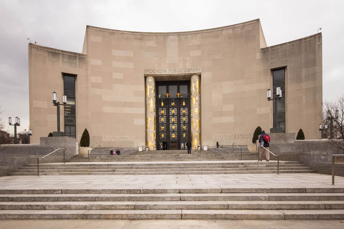 Exterior view of the central branch of the Brooklyn Public Library on Flatbush Avenue and Eastern Parkway.