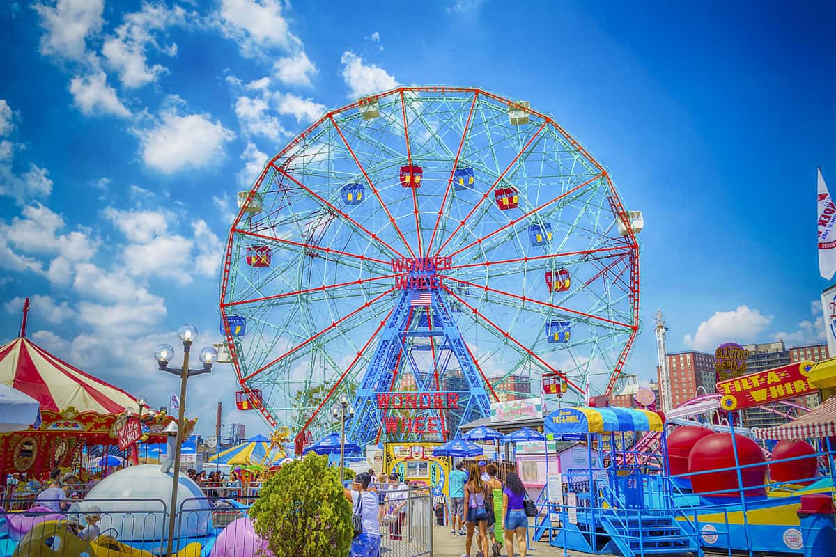 The famous Wonder Wheel in Coney Island, May 30, 2013. The Eccentric Ferris Wheel was built in 1920, it has 24 fully enclosed cars,giving a total capacity of 144 passengers