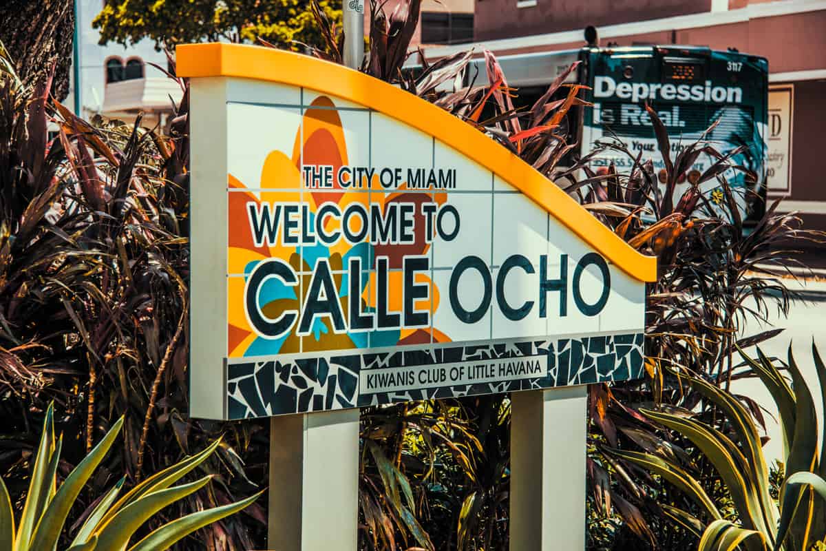 A Welcome sign saying Welcome to Calle Ocho in Little Havana, Miami