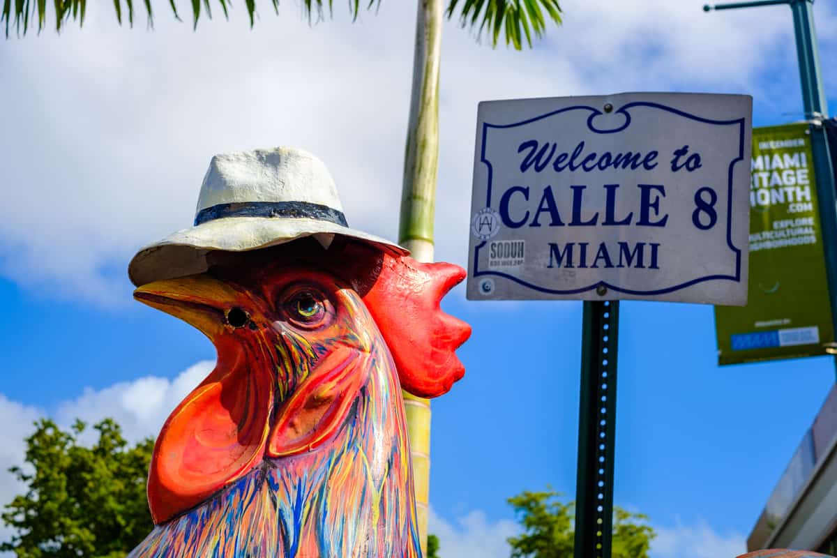 A colorful chicken statue located in Calle Ocho at Little Havana