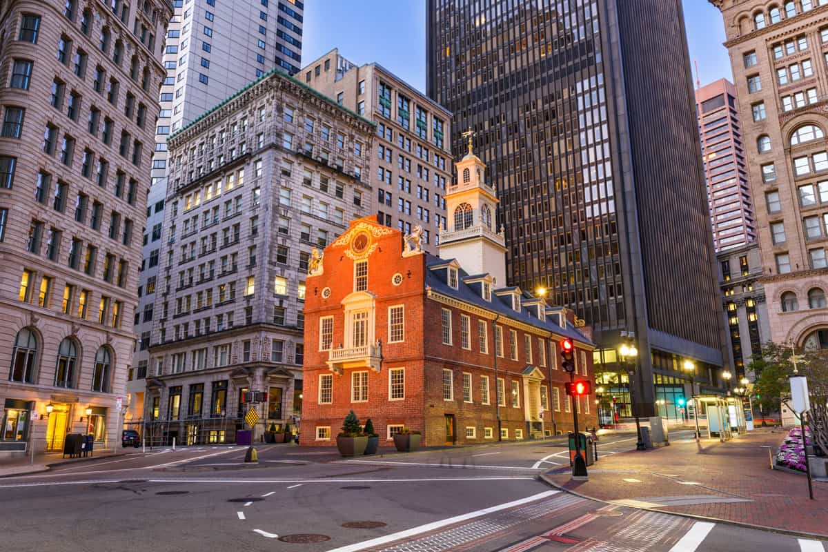 Boston, Massachusetts, USA cityscape at the Old State House
