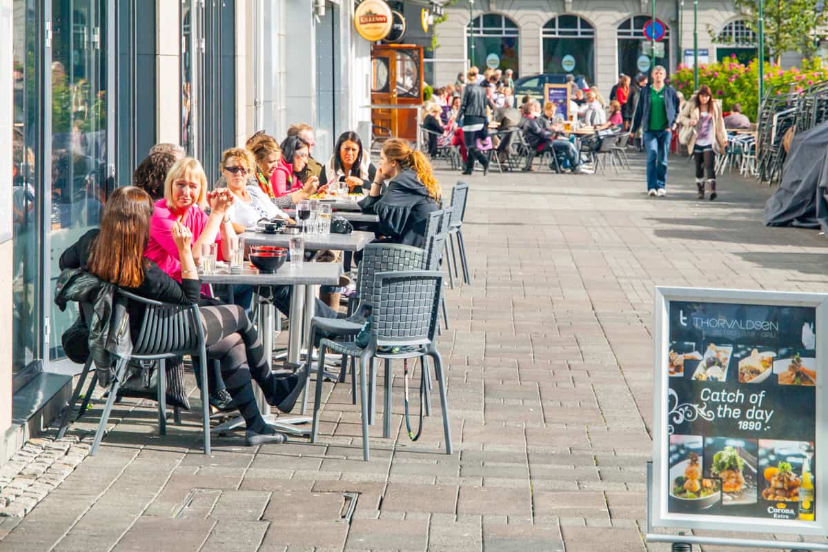 Street restaurants on sunny autumn day in Reykjavik, Iceland