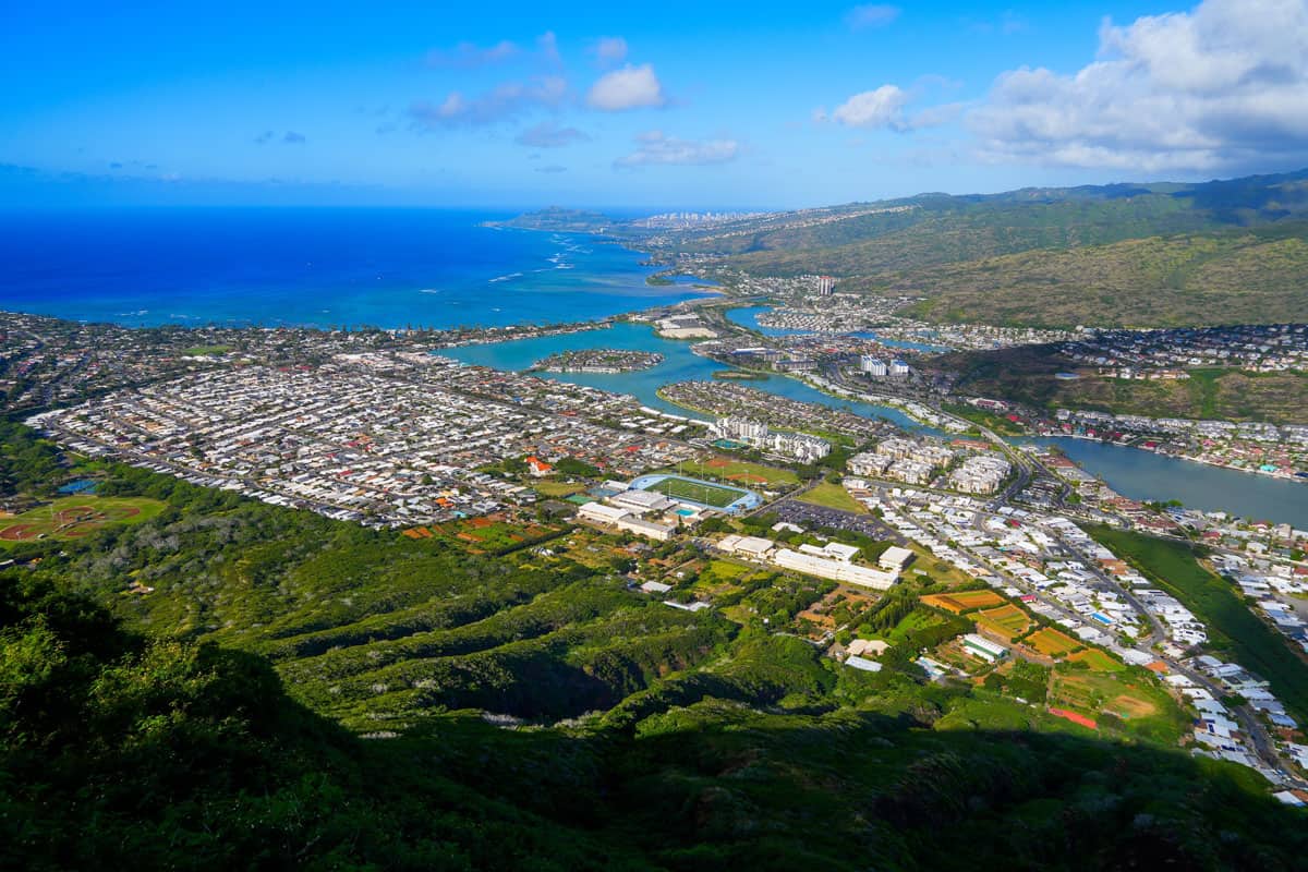 Aerial view of the residential neighborhood of Hawaii Kai in the east suburbs of Honolulu on O'ahu island - Upscale housing surrounded by lagoons in the Pacific Ocean 
