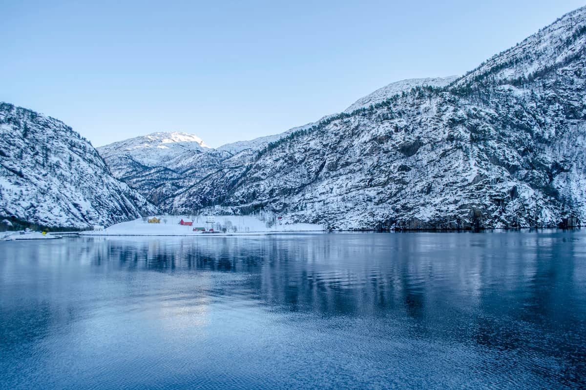 Bergen Mostraumen fjord cruise in winter frozen cold snow Norway Osterfjord