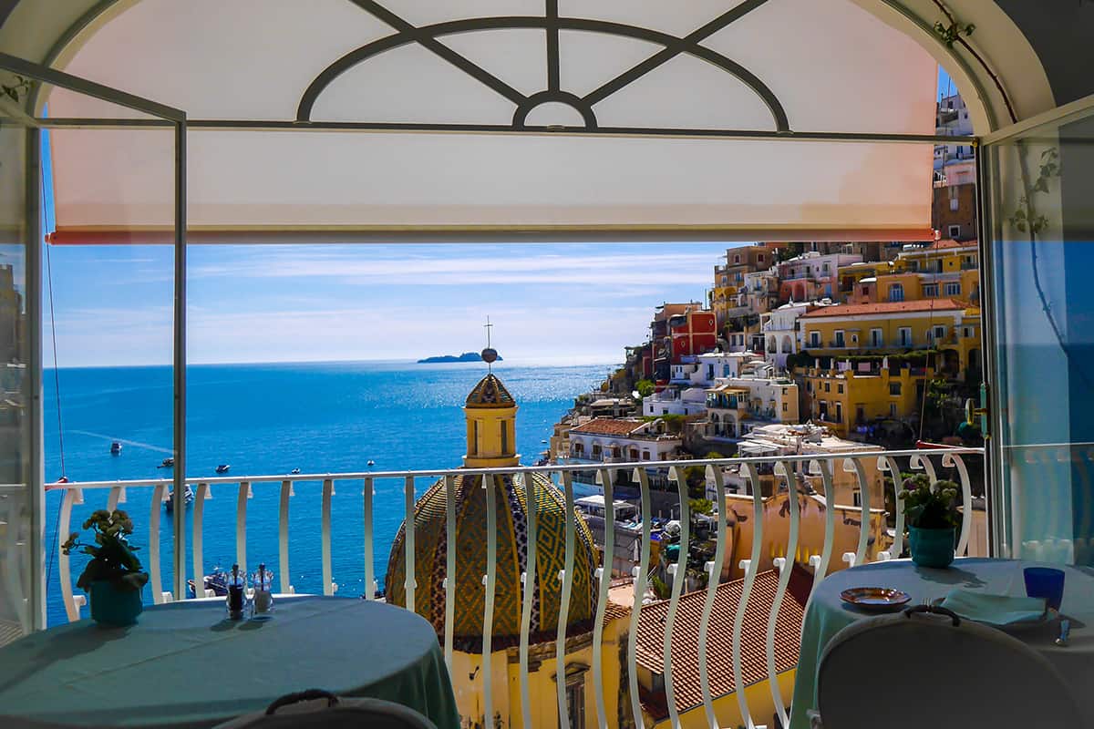 Dining with view from the hotel in Positano on Italy Amalfi Coast