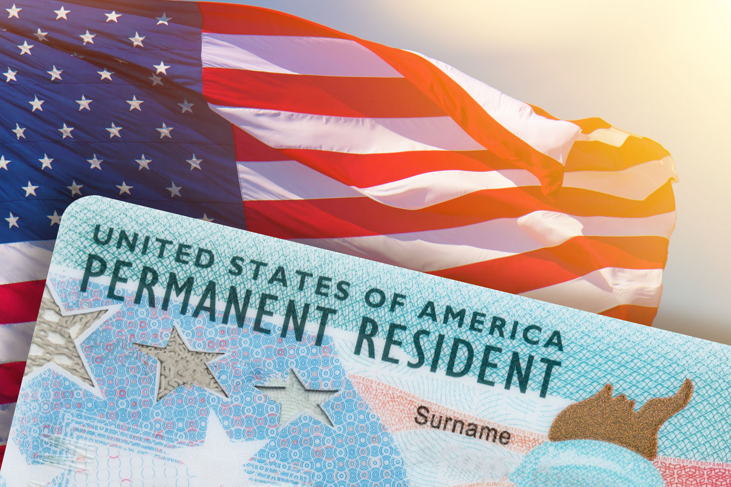 Green Card and American flag on the background