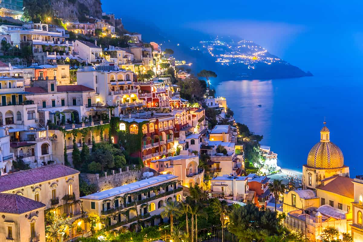 Night view of Positano village at Amalfi Coast, Italy