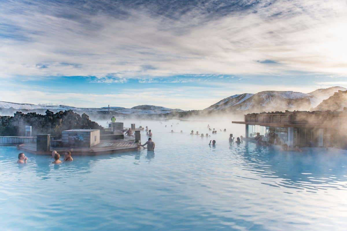 People bathing in The Blue Lagoon, a geothermal bath resort in the south of Iceland, a 'must see' by tourists. 