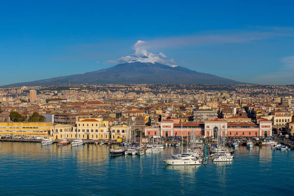 Port of Catania, Sicily with Mount Etna in the background