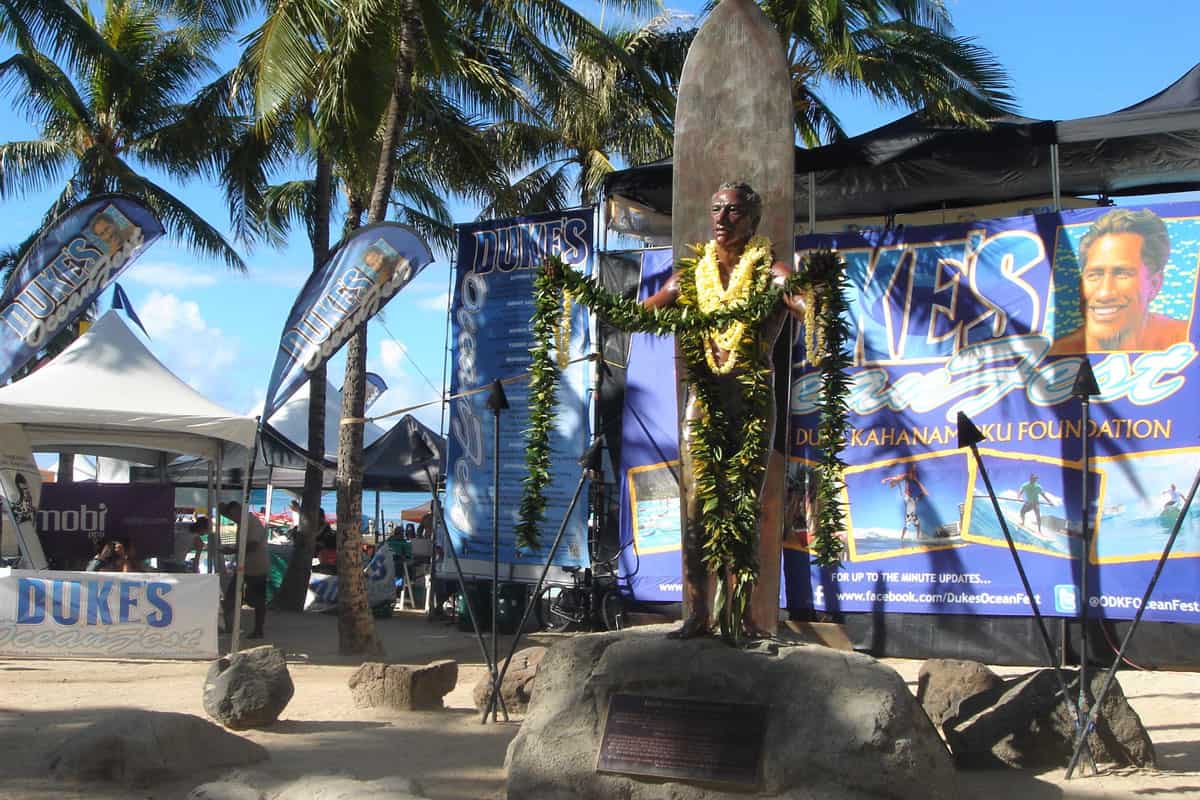The statue of Duke Kahanamoku and Duke's OceanFest at Waikiki