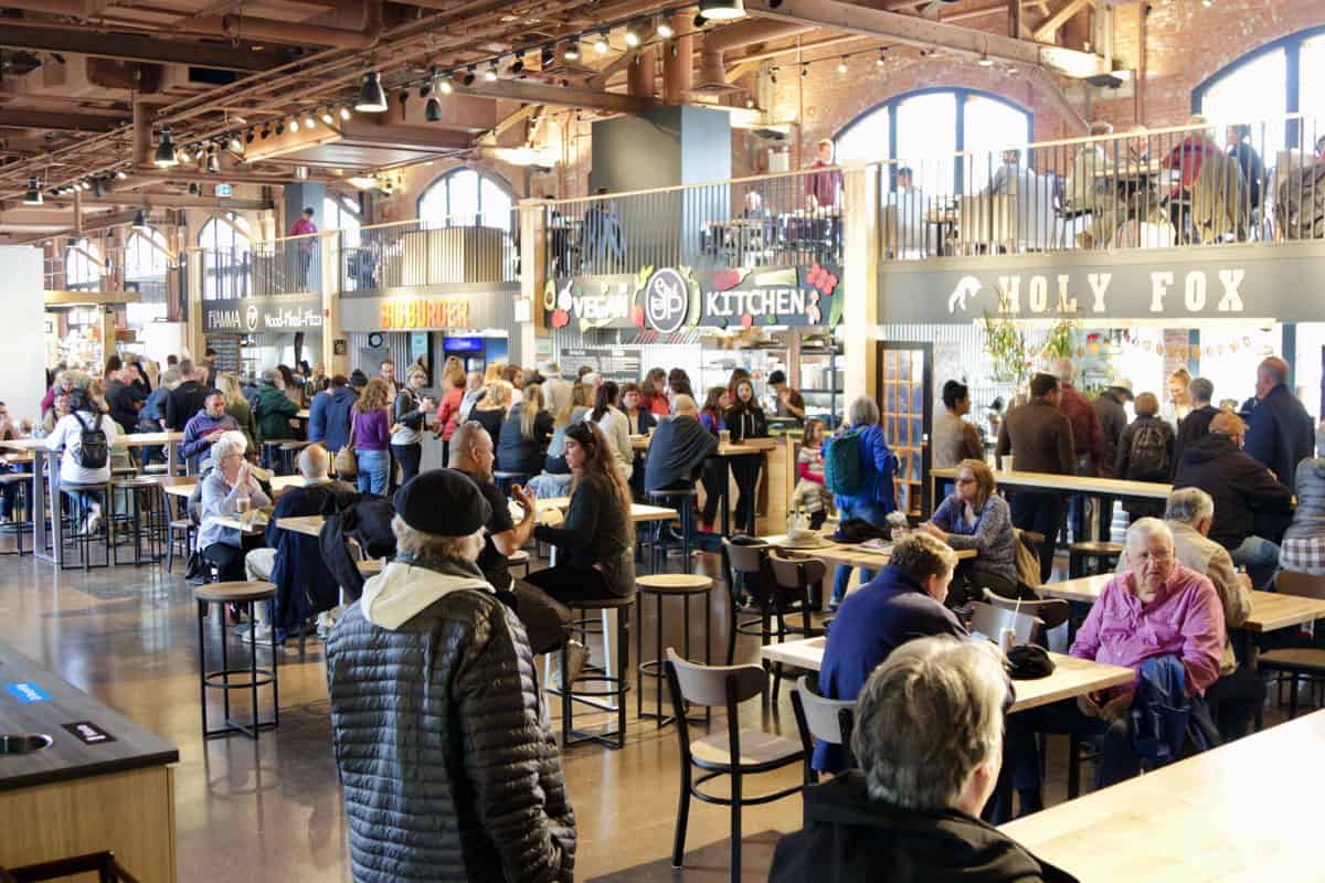 A view inside the historic Founders' Hall food hall and visitor information centre.
