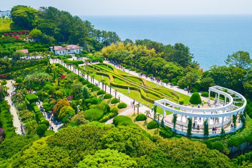 Aerial view of Oedo-Botania island, garden scenery at summer day in Geoje island, South Korea, Instagrammable Island Voted "Most Beautiful" By Conde Nast Traveler - Insider's Guide to Geoje, South Korea