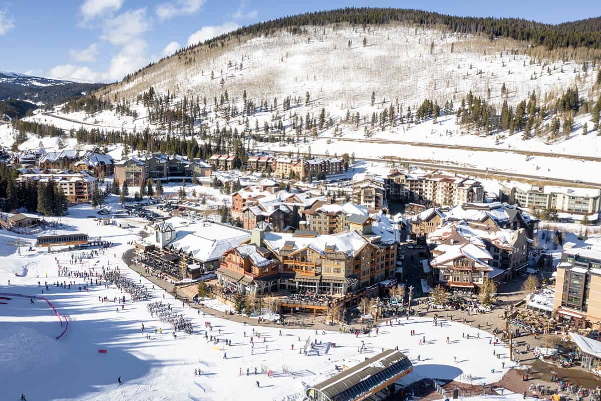 Aerial view winter recreation and sports in copper mountain in colorado