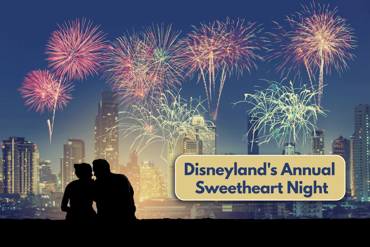 Disneyland's annual Sweetheart Night with fireworks and couple having a moment, A Fairytale Romance at Disneyland Sweethearts' Nite 2023