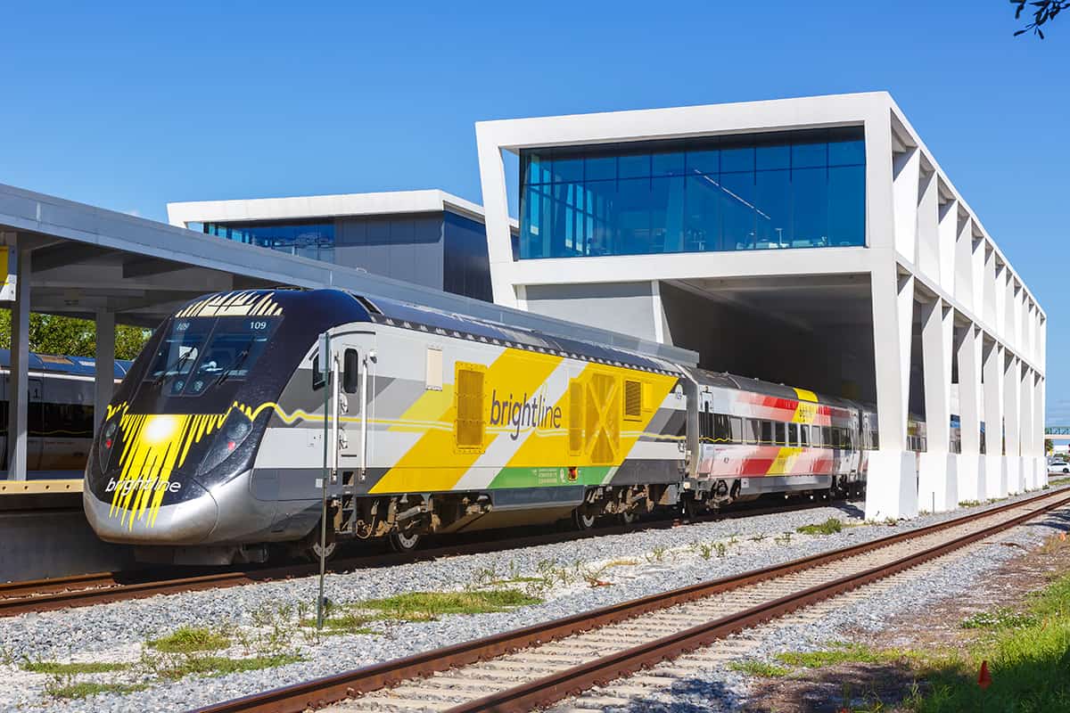 Brightline private inter-city rail train at West Palm Beach railway station in Florida