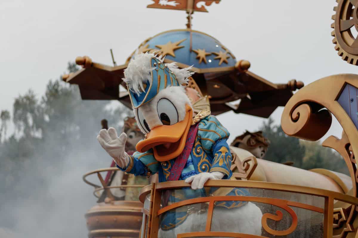 Close up of a costumed actor of DOnald Duck in a float during a parade in Disneyland Paris park.