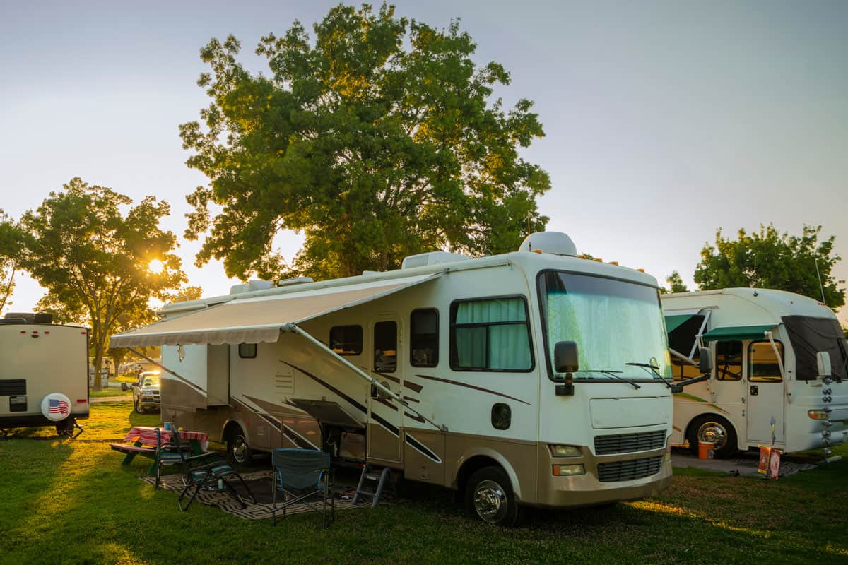 First class luxury RV parked in a park