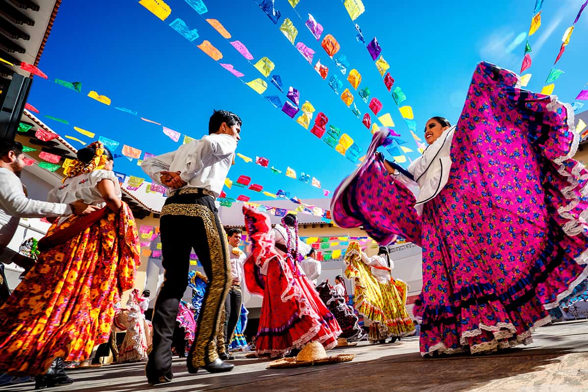 Folklore dancers dancing in a beautiful traditional dress representing mexican culture