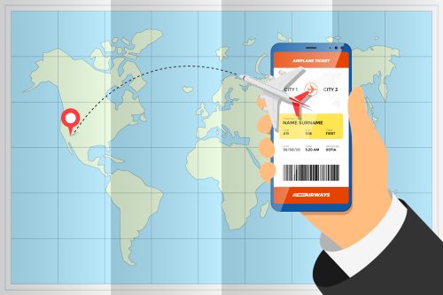 Hand holding smartphone with mobile application ordering flight ticket and airplane route on destination, Fly Smart: Top 5 Flight Tracker Apps to Elevate Your Travel Experience