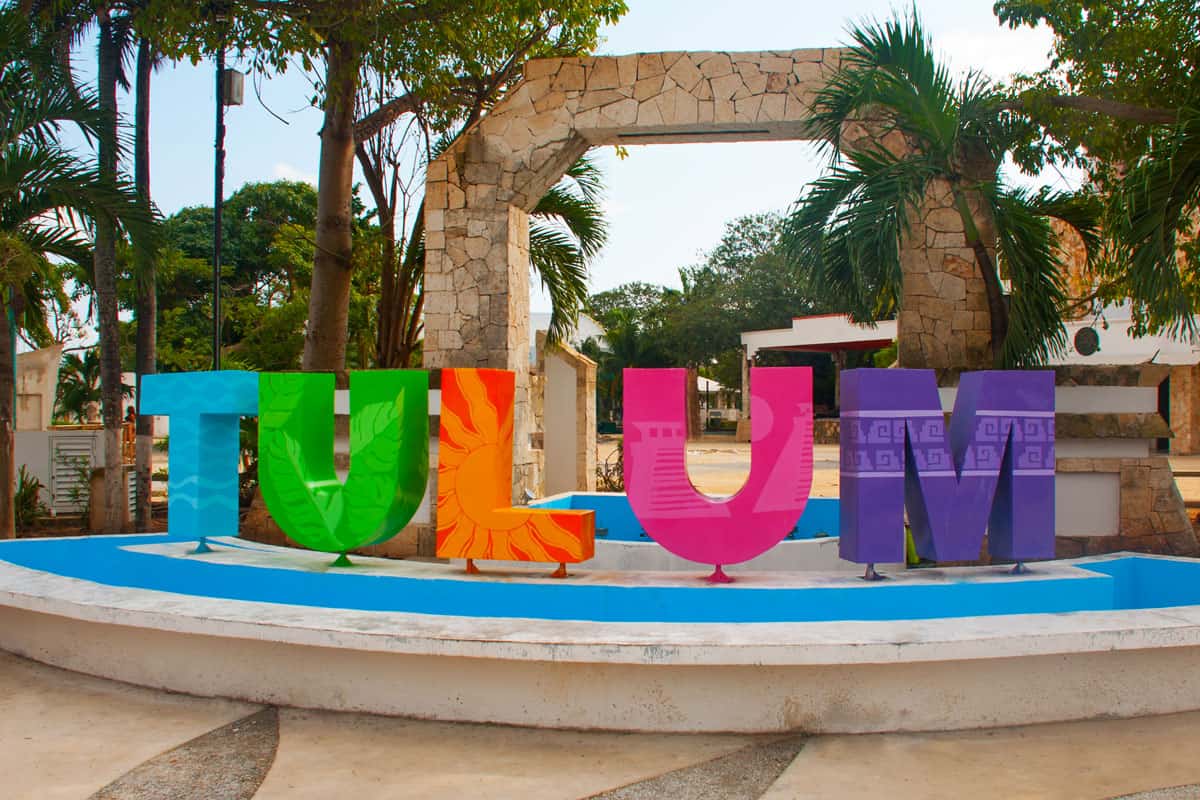 Outdoor view of huge colorful letters of Tulum at the enter of Mayan Ruins of Tulum in Meixco