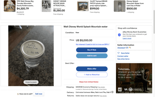 Walt Disney World Splash Mountain water in a clear jar that cost $5,000.00