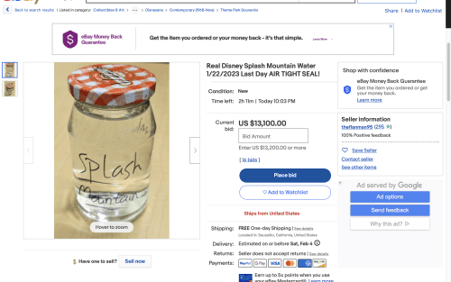 Real Disney Splash Mountain Water Air Tight Seal on a clear jar that cost $13,100.00