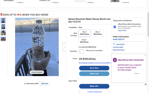 Splash Mountain Water Disney World on the clear plastic water bottle that cost $100.00 each