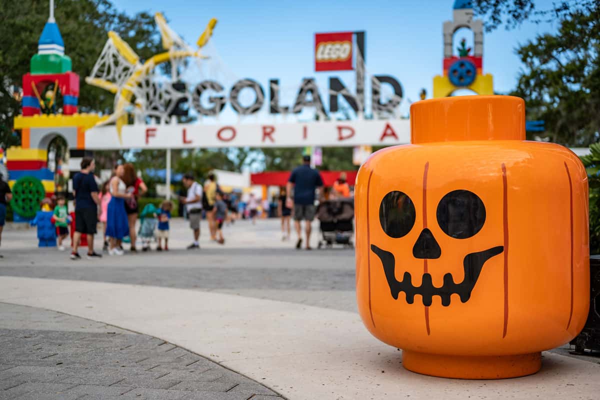 Selective focus on Halloween decorations outside the main entrance to Legoland