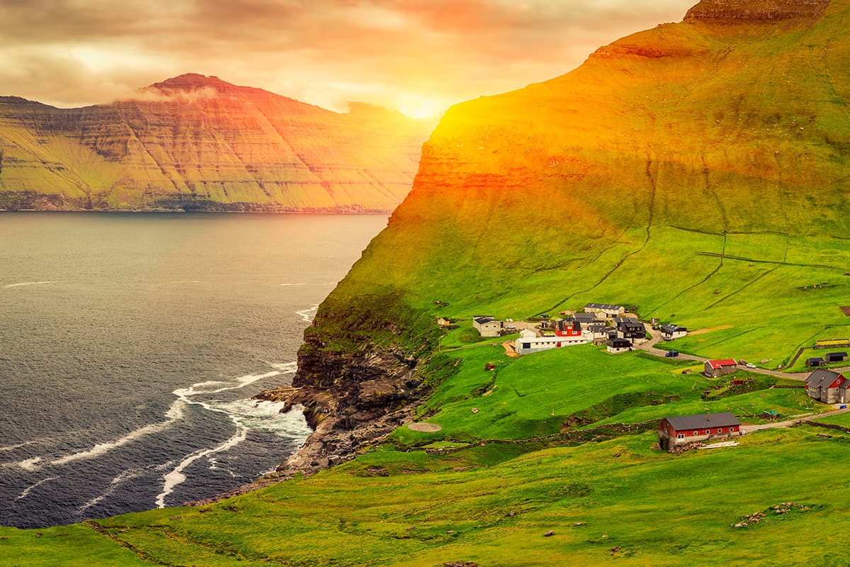 Sunrise over mountains, beautiful panoramic scene of nordic islands