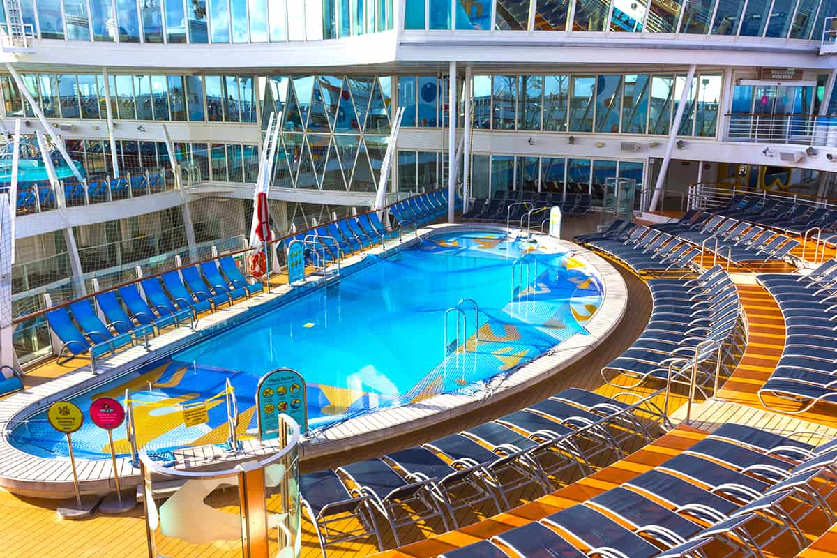 The upper deck with swimming pools at cruise liner