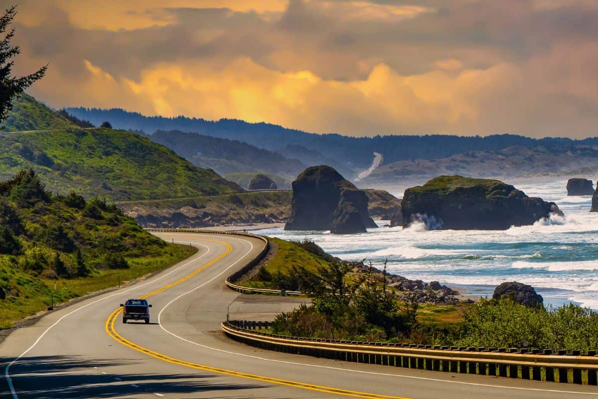 US Highway 101 and ocean sea stacks near the town of Gold Beach on the Oregon coast.