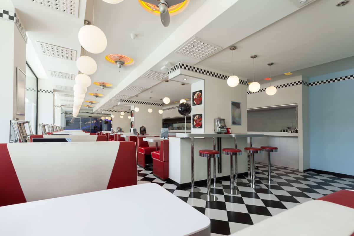 A retro-style diner reminiscent of the 1950s.
