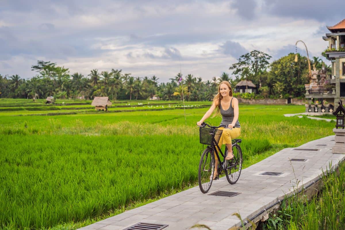 A young woman rides a bicycle on a rice field in Ubud, Bali. Bali Travel Concept