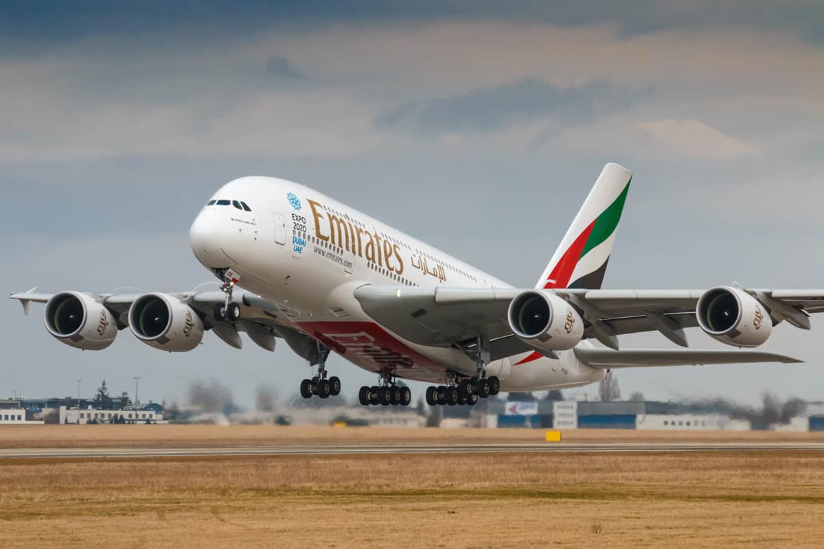 Airbus A380-800 Emirates take off from PRG Airport in Prague