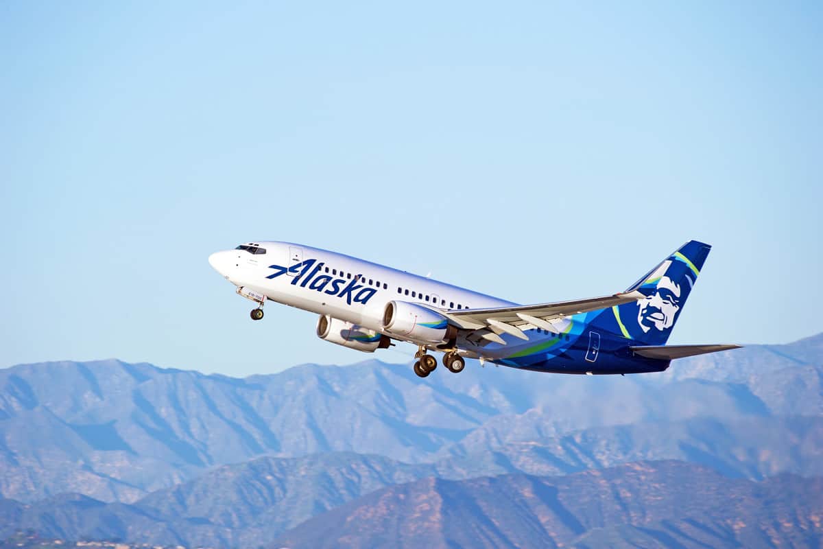 Alaska Airlines Boeing 737-790(WL) aircraft is airborne as it departs Los Angeles International Airport, Los Angeles, Californi